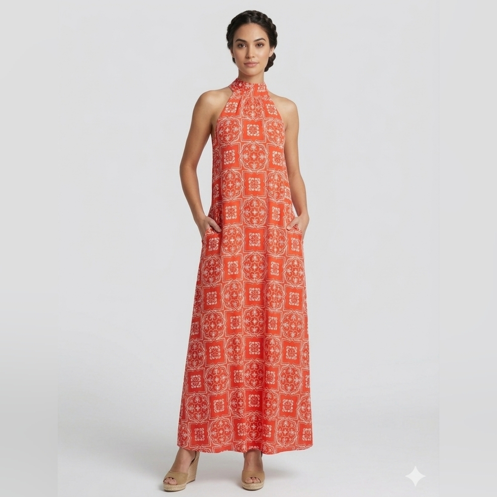 ANN TAYLOR TILED HALTER NECK TIED BOHEMIAN MAXI DRESS WOMEN'S SIZE SMALL
